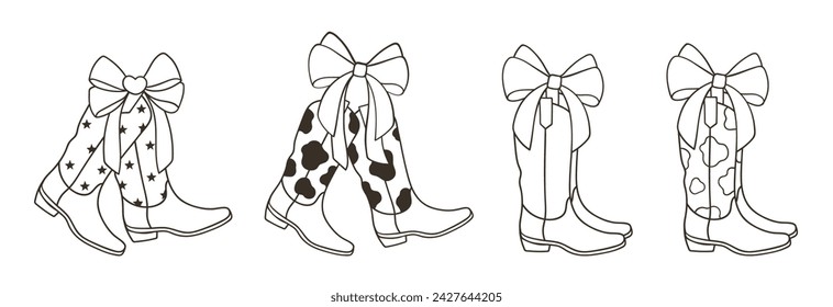 Draw vector illustration doodle coquette cowgirl boots Cherry bows Soft girl Trendy girly For cutting file