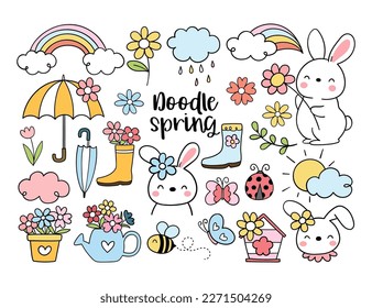 Draw vector illustration doodle elements for spring season Bunny Flower Doodle cartoon style