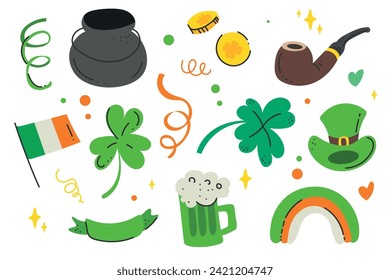 Draw vector illustration doodle elements for St Patrick's Day Cartoon style. Leprechaun's hat, rainbow, beer, pipe, shmarock, clover, flag of ireland. Groovy hand drawn style