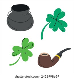 Draw vector illustration doodle elements for St Patrick's Day Cartoon style.Pot couldaron, clover, shamrokc, pipe. Groovy hand drawn style