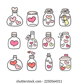 Draw vector illustration doodle heart bottle for valentine Pastel color Doodle cartoon style
