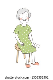 Draw vector illustration elderly senior woman suffering from knee.Grandmother with health care concept.Doodle cartoon style.