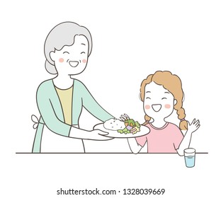 Draw vector illustration elderly senior grandmother serving food to happy girl with love.Isolated on white.Doodle cartoon style.
