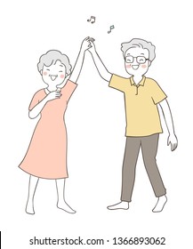 Dibuja ilustraciones vectoriales de ancianos abuelo y abuela bailando tan feliz. Aislado en el estilo blanco. Dibujo de dibujos animados Doodle.