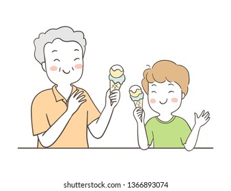 Draw vector illustration elderly senior grandfather and boy eating ice cream so happy.Isolated on white.Doodle cartoon style.