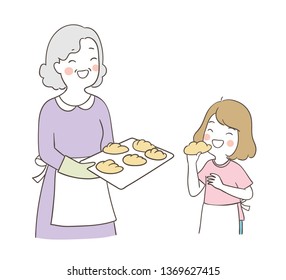 Draw vector illustration elderly senior grandmother cooking croissants and a girl tasty so happy Family concept Isolated on white.Doodle cartoon style.