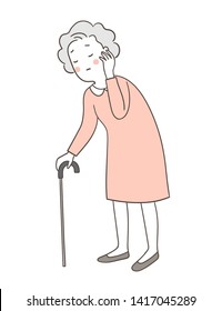 Draw vector illustration elderly senior woman holding cane suffering from headache.Health care concept.Doodle cartoon style.