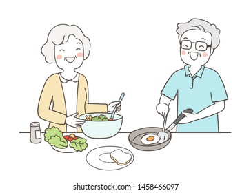 Draw Vector Illustration Elderly Senior Grandmother And Grandfather Cooking Together.Family Concept.Doodle Cartoon Style.