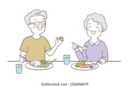 Draw vector illustration elderly senior grandmother and grandfather having lunch together.They are happy to eat.Family concept.Doodle cartoon style.