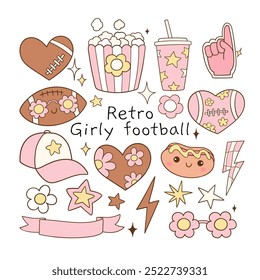 Draw vector illustration element pink girly football Trendy sport Soccer Rugby American football Doodle cartoon style