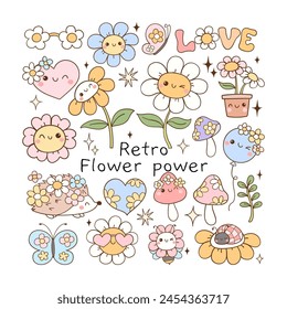 Draw vector illustration element retro flower power Hippie florals Positive vibes Doodle cartoon style