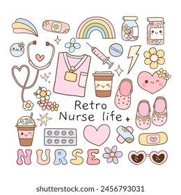 Draw vector illustration element retro nurse life Groovy pink nurse day Doodle cartoon style