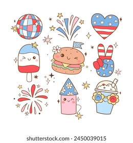 Draw vector illustration funny groovy 4th of July Hippie patriotic Independence day Printable shirt Doodle cartoon style