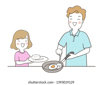 Draw vector illustration girl helping father cooking so funny.Family concept.Isolated on white.Doodle cartoon style.
