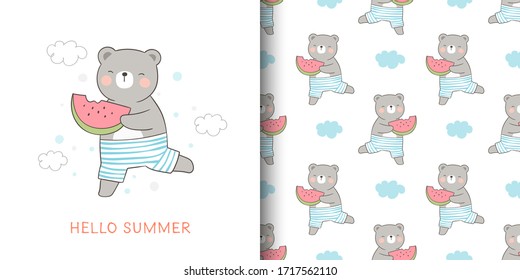 Draw vector illustration greeting bear holding watermelon print on fabric textiles kids.Vacation summer concept.Doodle cartoon style.