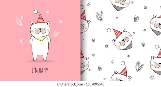 Draw vector illustration greeting card and print pattern of french bulldog for fabric textiles kids.Doodle cartoon style.