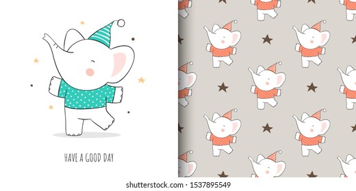 Draw vector illustration greeting card and print pattern of elephant for fabric textiles kids.Doodle cartoon style.
