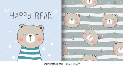 Draw vector illustration greeting card and print pattern of happy bear for fabric textiles kids.Doodle cartoon style.