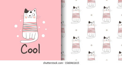 Draw vector illustration greeting card and print pattern of cat for fabric textiles kids.Doodle cartoon style.