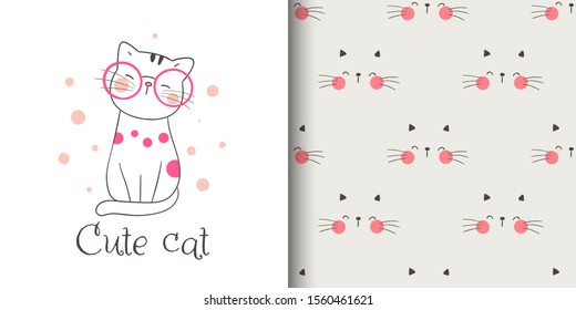 Draw vector illustration greeting card and print pattern of cut cat for fabric textiles kids.Doodle cartoon style.