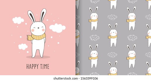 Dibujar ilustración vectorial tarjeta de saludo y patrón de impresión de conejo para tejidos textiles chicos. Estilo caricatura de Doodle.