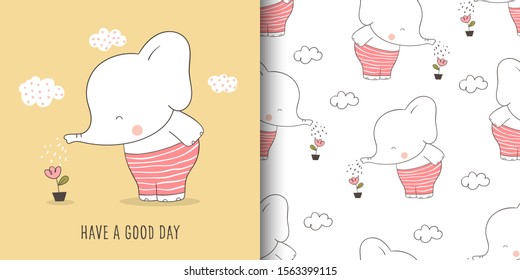 Draw vector illustration greeting card and print pattern of elephant for fabric textiles kids.Doodle cartoon style.