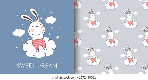 Draw vector illustration greeting card and print pattern of rabbit sleeping for fabric textiles kids.Doodle cartoon style.