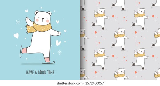 Draw Vector Illustration Greeting Card And Print Pattern Of Polar Bear For Fabric Textiles Kids.Doodle Cartoon Style.