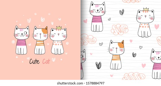 Draw vector illustration greeting card and print pattern of cat for fabric textiles kids.Doodle cartoon style.