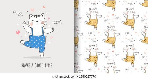 Draw vector illustration greeting card and print pattern of cat for fabric textiles kids.Doodle cartoon style.