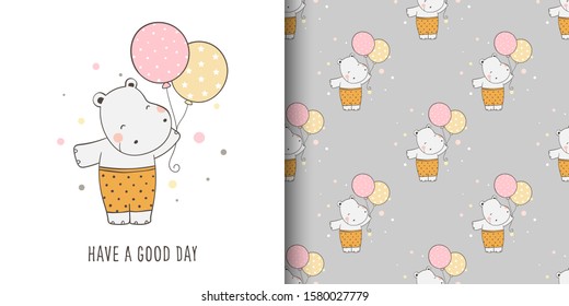 Draw vector illustration greeting card and print pattern of hippo with balloon for fabric textiles kids.Doodle cartoon style.