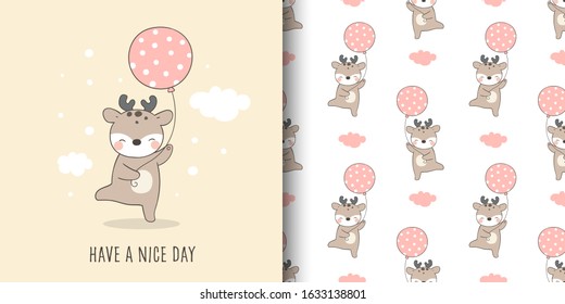 Draw vector illustration greeting card and print pattern of cute dear with balloon for fabric textiles kids.Doodle cartoon style.