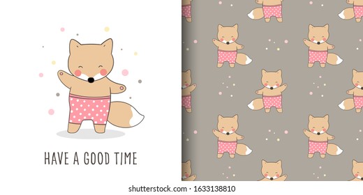 Draw vector illustration greeting card and print pattern of cute fox for fabric textiles kids.Doodle cartoon style.