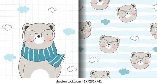 Draw vector illustration greeting card and print pattern of cute bear for fabric textiles kids.Doodle cartoon style.