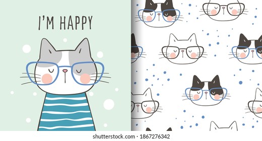 Draw vector illustration greeting card and print pattern of cute cat for fabric textiles kids.Doodle cartoon style.