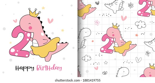 Draw vector illustration greeting card and print pattern of dinosaur girl birthday party with numbering for fabric textiles kids.