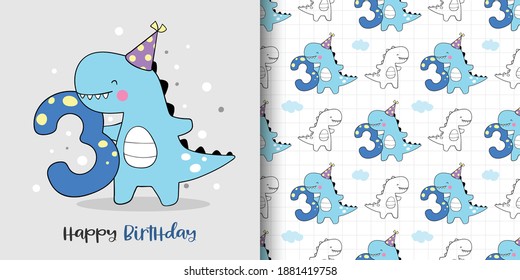 Draw vector illustration greeting card and print pattern of dinosaur birthday party with numbering for fabric textiles kids.