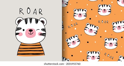 Dibujar ilustración vectorial tarjeta de saludo y patrón de impresión tigre lindo para tejidos textiles niños estilo de dibujos animados Doodle