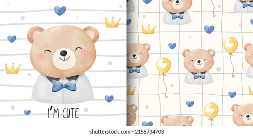 Draw vector illustration greeting card and print pattern cute bear for fabric textiles kids Doodle cartoon style