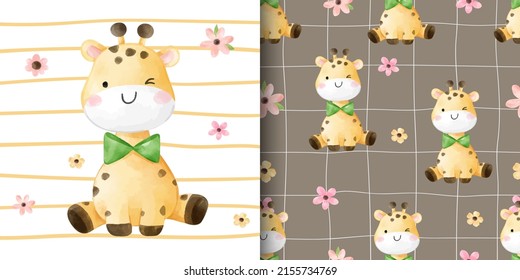 Draw vector illustration greeting card and print pattern cute giraffe for fabric textiles kids Doodle cartoon style