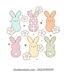 Draw vector illustration groovy bunny candy Rerto spring flower Printable sublimation for shirt Doodle style