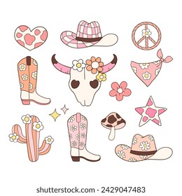 Dibujo ilustración vectorial vaquera groovy retro wild west Disco girly Regalo hippie Imprimible sublimación para la camiseta Doodle estilo