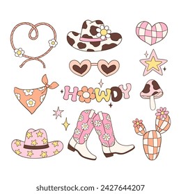 Zeichnen Vektor-Illustration groovige howdy cowgirl Retro wilder Westen Disco Girly Geschenk Hippie Printable Sublimierung für Shirt Doodle Stil