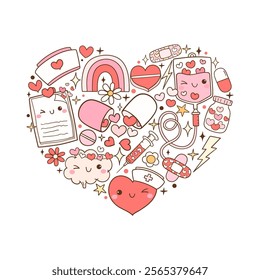 Draw vector illustration groovy nurse valentine heart shape Trendy retro nurse life Printable for shirt Doodle cartoon style