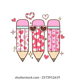 Draw vector illustration groovy pencil heart valentine Teacher school life Trendy retro Love vibes Printable for shirt Doodle cartoon style