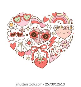 Draw vector illustration groovy valentine heart shape Trendy retro love Printable for shirt Doodle cartoon style