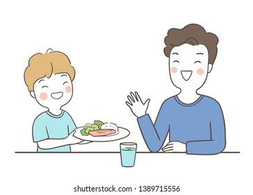 Draw vector illustration happy boy serving food to father with love.Family concept.Isolated on white.Doodle cartoon style.