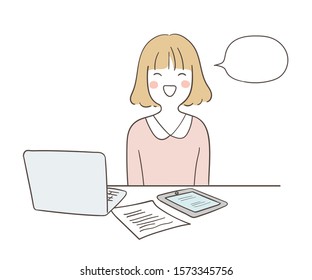 Draw vector illustration happy business woman at her desk with laptop and notebook.Isolate on white.Doodle cartoon style.
