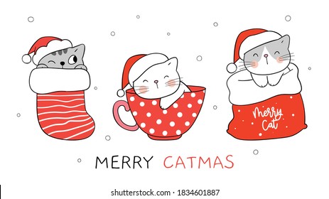 Draw vector illustration happy cat sleeping in cup sock and red bag.For Christmas and New year.Doodle cartoon style.