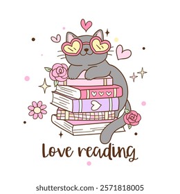 Draw vector illustration happy cat with book Lover bookish Love reading Printable for shirt Doodle cartoon style